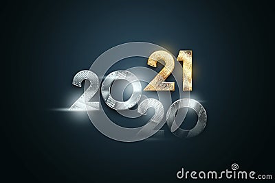 Creative luxury 2021 design, new year flyer, lettering 2021 with metal numbers on dark background. Concept for new year banner, Cartoon Illustration