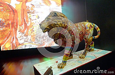 Creative Macau Sculpture MGM Exhibition Venetian Lion Hermes Versace Scarf Fabric Fusion Arts Crafts East West Cultural Heritage Editorial Stock Photo