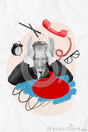 Creative magazine collage of exhausted employee man cover hands ears avid many multi task from boss overload concept Stock Photo