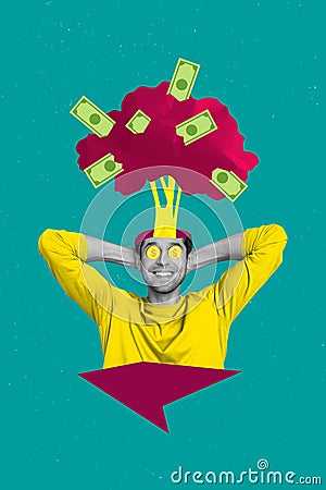 Creative magazine collage image of lucky guy having head explosion winning cash isolated colorful background Stock Photo