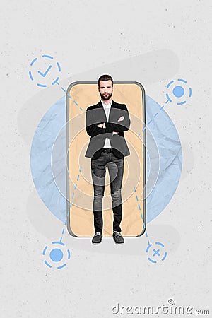 Creative magazine poster collage of young business man from touchscreen gadget helper guide on surreal background Stock Photo