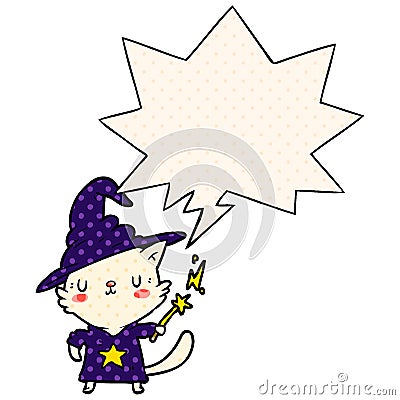 A creative magical amazing cartoon cat wizard and speech bubble in comic book style Vector Illustration