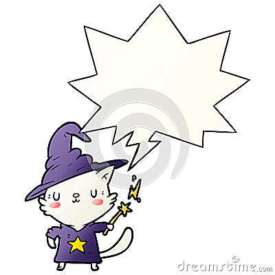 A creative magical amazing cartoon cat wizard and speech bubble in smooth gradient style Vector Illustration