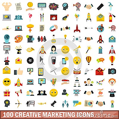 100 creative marketing icons set, flat style Vector Illustration