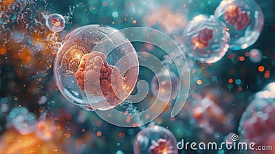 A creative metaphorical visualization of the cellular division and specialization within a human embryo focuses on the Stock Photo