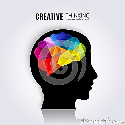 Creative mind. Concept of the human brain inside black head profile. Polygon style. Vector Illustration