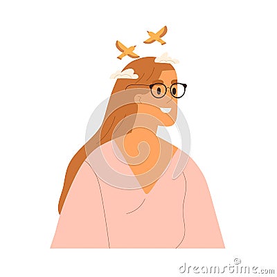 Creative mind, imagination, fantasy concept. Happy calm inspired person thinking, dreaming, feeling inspiration Vector Illustration