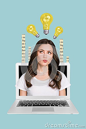 Creative minimal photo collage of young thoughtful smart lady inside laptop display pouted lips ukraine blackout concept Stock Photo