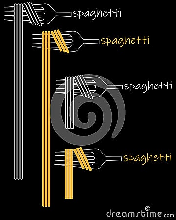 Creative minimal spaghetti logo. fork with spaghetti inscription. color and black and white Vector Illustration