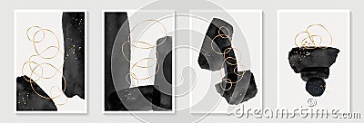 Creative minimalist hand painted Abstract art background with black watercolor stain and golden doodle Scribble line. Design for Vector Illustration