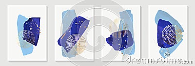 Creative minimalist hand painted Abstract art background with blue watercolor stain and Hand Drawn doodle golden color Scribble Vector Illustration