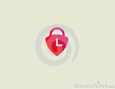 Creative minimalistic bright red logo icon lock in the form of a shield clock for web site Vector Illustration