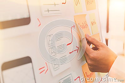 Creative mobile responsive website designer designing workflow of screens for mobile responsive website development Stock Photo