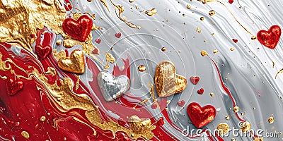 creative modern background in the style of fluid art, a group of gold and red hearts on an abstract elegant background, the Stock Photo
