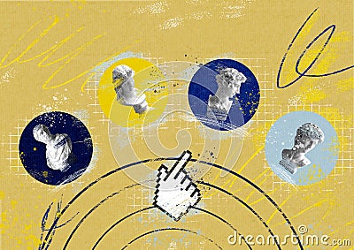 Creative modern collage finger cursor and statues Stock Photo