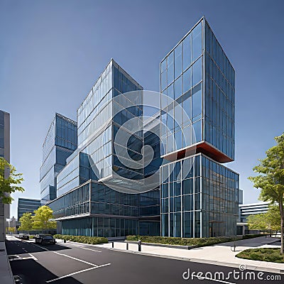 creative modern glass office building of a large corporation in the city, environmental building design with proportional Cartoon Illustration