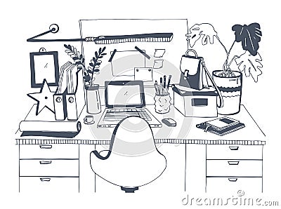 Creative modern workplace with laptop, hand drawn vector illustration, sketch style. Vector Illustration