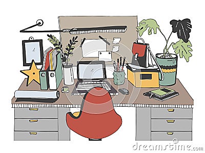 Creative modern workplace with laptop, hand drawn vector illustration, sketch style. Vector Illustration
