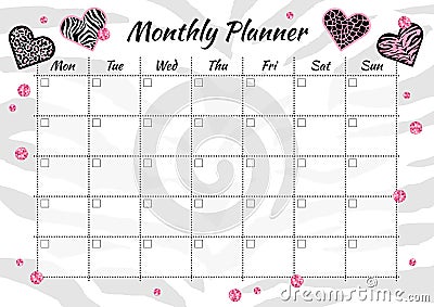 Creative monthly planner with heart animal texture and pink glitter sparkles. Vector Illustration