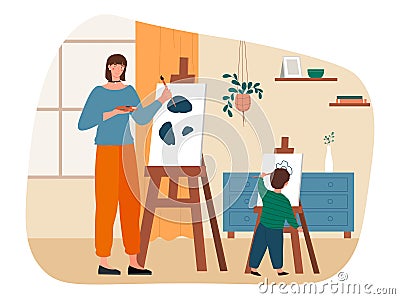 Creative mother and son is painting picture home Vector Illustration