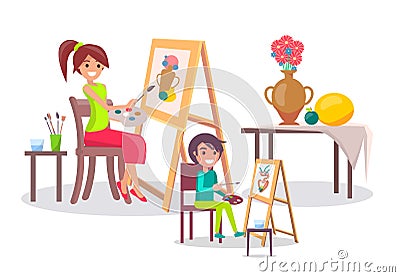 Creative Mother and Son, Young Artists Banner Vector Illustration