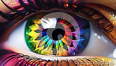 Creative multi-colored eye of the human eyeball, showing creativity and artistic expression of fashion, visionary design. Cartoon Illustration