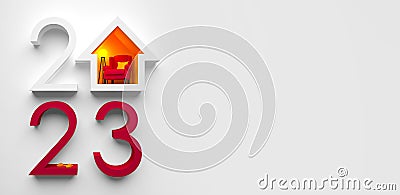 Creative 2023 New Year design template with a cozy house. Stock Photo