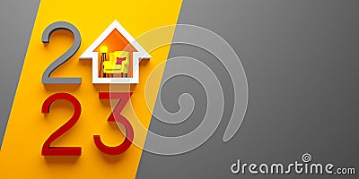 Creative 2023 New Year design template with a cozy house. Stock Photo