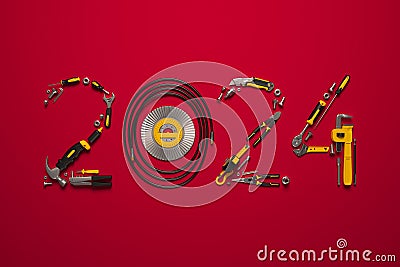 Creative 2024 New Year design template on engineering, construction, interior finishing, repair and maintenance theme. Cartoon Illustration