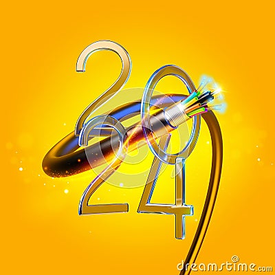 Creative 2024 New Year design template with a fiber optic cable. Cartoon Illustration