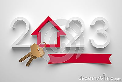 Creative 2023 New Year design template with golden keys and an abstract house symbol. Cartoon Illustration