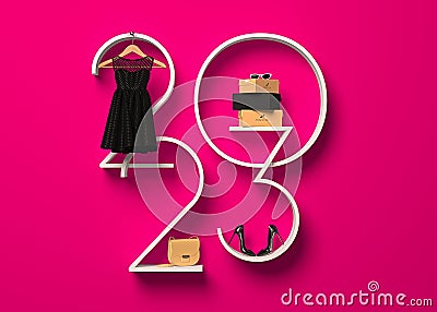 Creative 2023 New Year fashion background. Cartoon Illustration