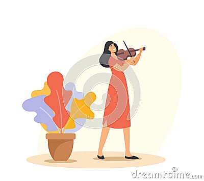 Creative Occupation, Instrumental Live Entertainment. Musician Character Playing Violin. Girl with String Instrument Vector Illustration