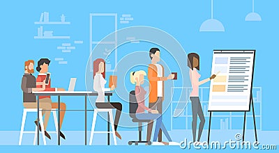 Creative Office Center People Sitting Desk Working Presentation Flip Chart, Students Training University Campus Vector Illustration