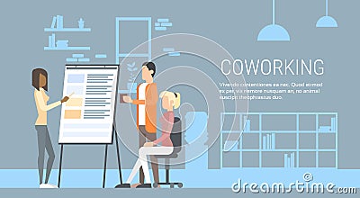 Creative Office Center People Sitting Desk Working Presentation Flip Chart, Students Training University Campus Vector Illustration