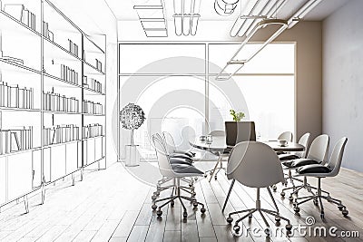 Creative office interior sketch. Repairs, refurbishment, before and after concept. Stock Photo