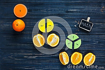 Creative Ð¡olorful math fractions on dark background. Interesting funny math for kids. Education, back to school concept Stock Photo