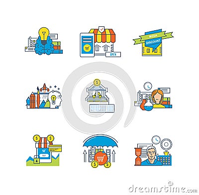 Creative, online shopping, discounts, design, finance, security of payment, management Vector Illustration