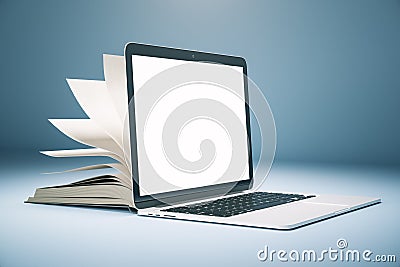 Creative open book computer on subtle background with copy space Editorial Stock Photo