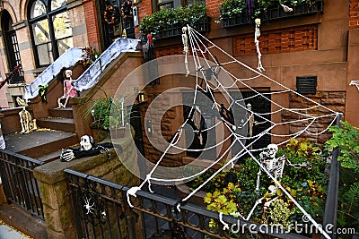 Creative outdoor decorations for Halloween in front of the building. Stock Photo