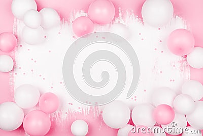 Creative painted background with white pink balloons and confetti. Top view and flat lay. Birthday or party concept Stock Photo