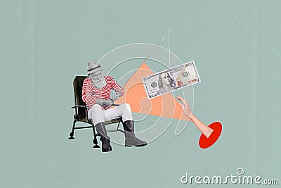 Creative painting 3d picture collage of funny elderly businessman catch fish rod salary keep his pension isolated on Stock Photo