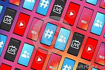 Creative pattern with the image of smartphones in the style of the most popular media Smartphones with symbols and icons in the Vector Illustration