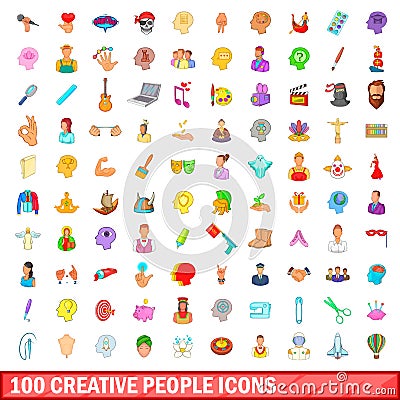 100 creative people icons set, cartoon style Vector Illustration