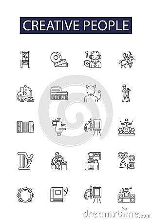 Creative people line vector icons and signs. Innovator, Inventor, Dreamer, Thinker, Composer, Designer, Writer, Poet Vector Illustration