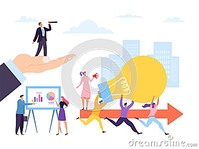 Creative people worker running with idea concept, vector illustration. Teamwork with lightbulb, leader man woman with Vector Illustration