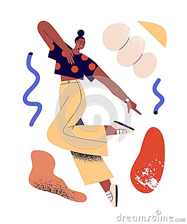 Creative person among abstract geometric shapes. Modern active energetic black woman. Happy carefree female creator Vector Illustration