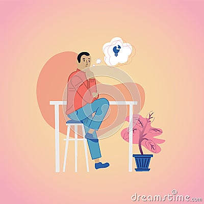 Creative person, male character thinks, at the table, idea, question, sits on a chair, man Vector Illustration