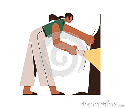 Creative person searching, exploring new and unknown. Curious woman looking for hidden opportunities, secrets. Curiosity Vector Illustration