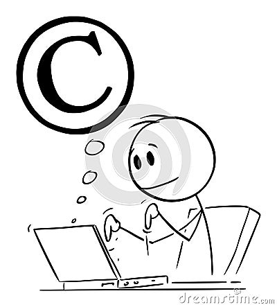 Creative Person Typing on Computer and Producing Copyrighted Work or Intellectual Property, Vector Cartoon Stick Figure Vector Illustration